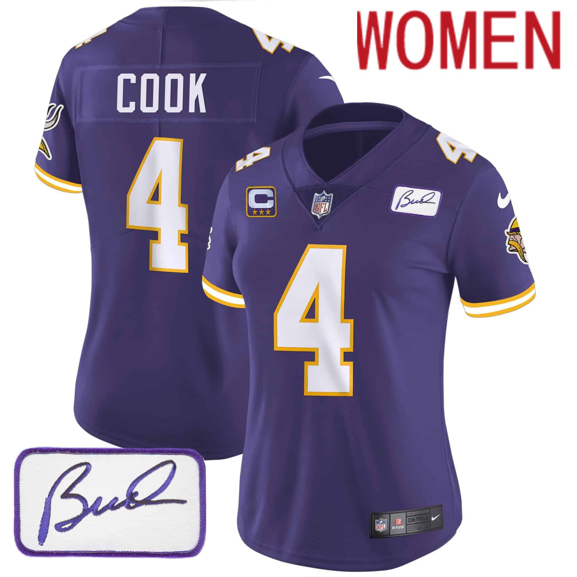 Women Minnesota Vikings #4 Cook Purple 2024 Nike Bud Grant Patch Classic Limited NFL Jersey style 3